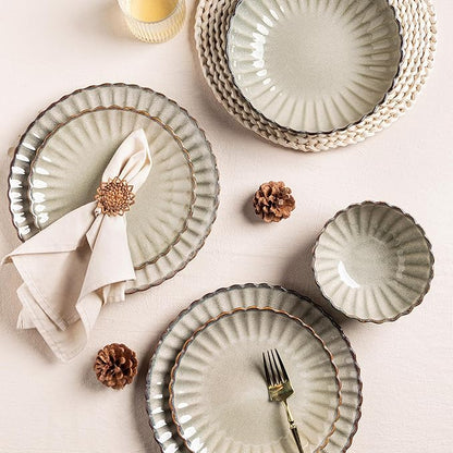 GBHOME Stoneware Dinnerware Sets for 4,Handcrafted Embossed Design Reactive Glaze Ceramic Plates and Bowls, Dishwasher and Microwave Safe, Service for 4(12pcs),Green Wheat