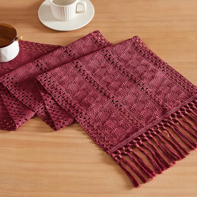 Macrame Style Boho Table Runner, 12x48 Inch Burgundy | Woven Boho Table Runner by ZEEMARTONLINE