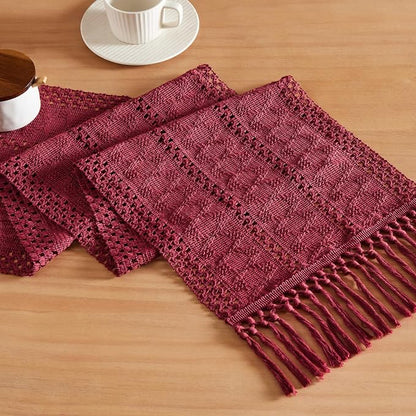 Macrame Style Boho Table Runner, 12x60 Inch Burgundy | Woven Boho Table Runner by ZEEMARTONLINE