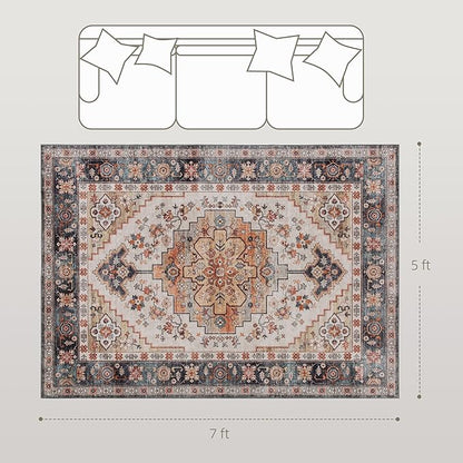 HOMCOM Washable Area Rug, 5'x7' Vintage Indoor Distressed Carpet, Retro Floor Cover Foldable, Floral Print Mat for Living Room, Bedroom, Dining Room, Tawny Brown