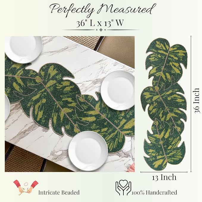 Monstera Leaf Beaded Table Runner 13 x 36 Inch, Handmade Glass Bead Runner - Image 4