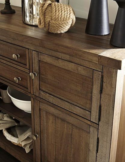 Signature Design by Ashley Moriville Vintage Casual Dining Room Buffet or Server with 4 Cabinets & Center Display Shelf, 2 Drawers, Wood, 56" Wide, Brown