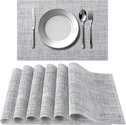 Timeet Placemats Set of 6, Heat Resistant Non-Slip Place Mats for Dining Table, Durable Washable PVC Vinyl Woven Table Mats, Linen Textured Placemats for Kitchen Resistant Easy to Clean(Gray