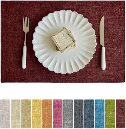 Softalker Faux Linen Placemats Set of 6-12 x 18 Inch, Heat Resistant Double Layered Durable Burlap Farmhouse Place Mats, Non-Slip Washable Rustic Table Mats for Dining, Kitchen, Party（Red
