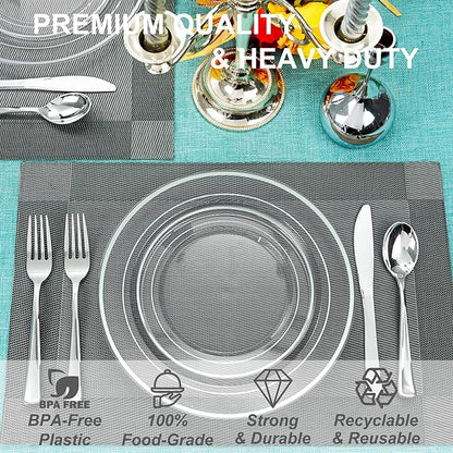I00000 60PCS Silver Plastic Plates, Clear Plates with Silver Rim 10 Inch, Ideal for Weddings, Parties,Birthday