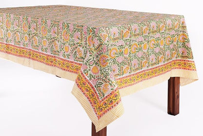 ATOSII Clover Green 100% Cotton Rectangle Fall Tablecloth, Handblock Floral Print Linen Table Cloth for Kitchen Dining I Parties, Weddings, Outdoors, Easter I Home Decor 60 X 60 Inches I 4 Seater