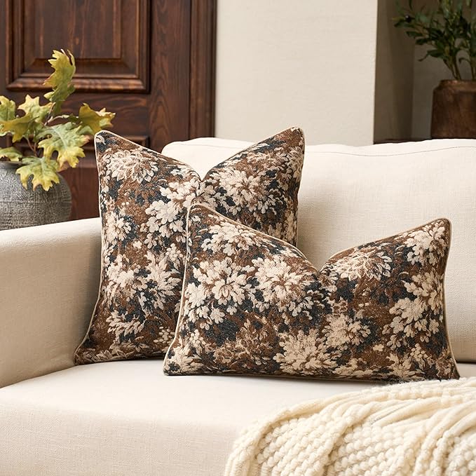 Yangest Neutral Floral Pillow Cover 12 x 20 Inches, Vintage Chenille Rectangle Throw Pillow Cover Soft Decorative Farmhouse Accent Couch Pillow Cover for Living Room Bedroom, Coffee Brown