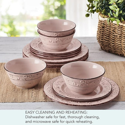 Pfaltzgraff Pink Trellis 12-Piece Dinnerware Set, Stoneware Plates and Bowls - Image 5