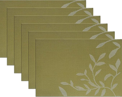 Leaf Placemats Set of 6 Non-Slip Heat-Resistant Vinyl Washable Place Mats for Kitchen Table Indoor Outdoor Durable (18"x12", Green)