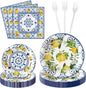 96Pcs Capri Lemon Blue Tiles Yellow Lemon Summer Citrus Fruit Party Plates by G1ngtar