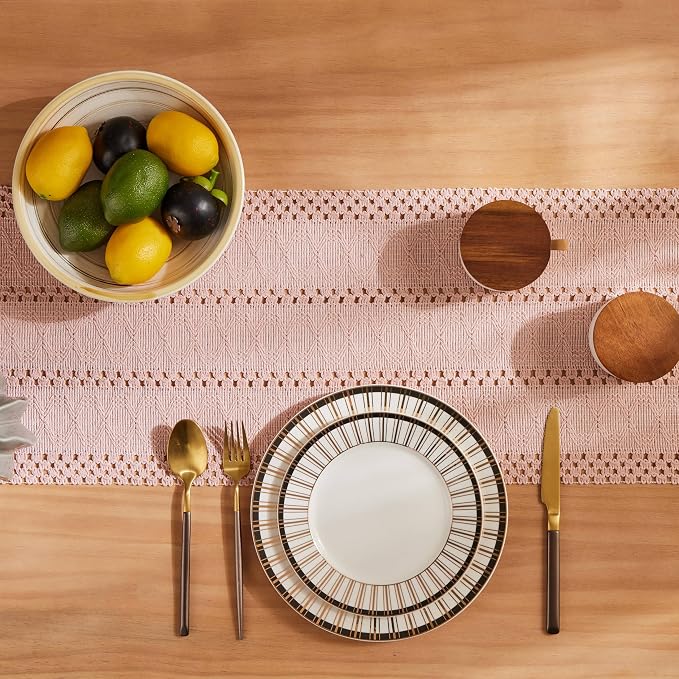 Macrame Style Boho Table Runner, 12x60 Inch Light Pink | Woven Boho Table Runner - Image 4