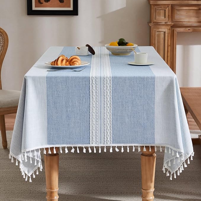 ZeeMart Contrast Linen Table Cloth Rectangle Table Cloths 60x84 Inch Mid-Stripe Blue, Farmhouse Style Heavy Weight Dusty Blue Tablecloth, Water Resistant Burlap Tablecloths
