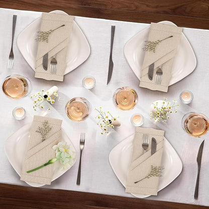 Ruvanti Premium Linen Napkins Set of 12-20x20 Inch, Classic Hemstitch, Mitered Corner Cloth Napkins‎‎ - Soft, Elegant Dinner Napkins Cloth Washable for Weddings, Parties, Everyday Use - Natural