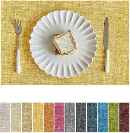 Softalker Faux Linen Placemats Set of 8-12 x 18 Inch, Heat Resistant Double Layered Durable Burlap Farmhouse Place Mats, Non-Slip Washable Rustic Table Mats for Dining, Kitchen, Party（Yellow