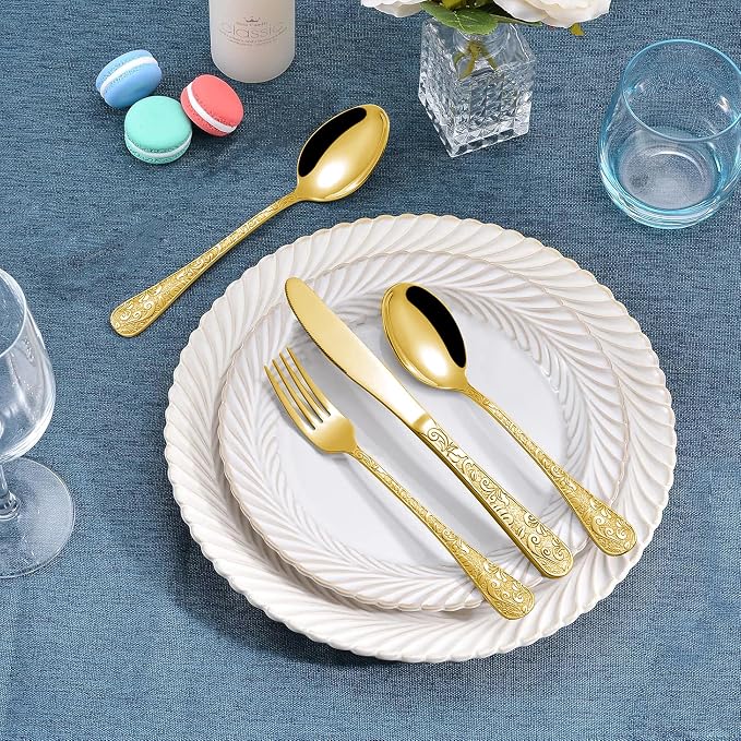 Runfly Vintage Carved Gold Stainless Steel 20-Piece Flatware Set | Silverware - Image 6