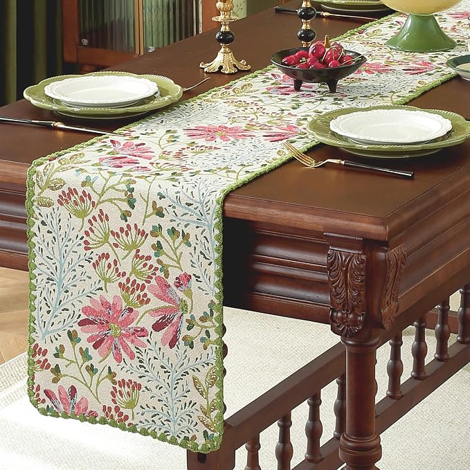 Boho Botanical Floral Lace Table Runner Green 12 x 82 Inch | Jacquard Weave - Image 4