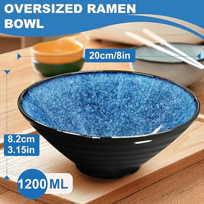 8-Inch 4 Sets Ceramic Ramen Bowl (16 Piece) - Japanese Porcelain Dishwasher Microwave Safe Salad Noodles Cereal Pasta Soup Large Bowls with Chopsticks Forks Spoons for Men Women Housewarming Gift