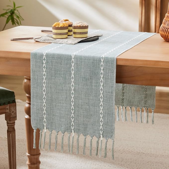 Braided Farmhouse Table Runner, Braided Dusty Blue 13x108 Inch, Cotton Linen by Unknown