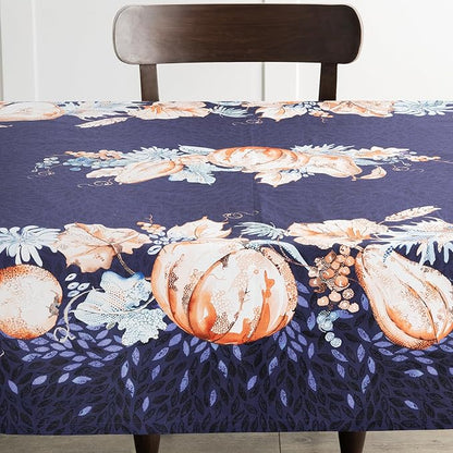 Maison d' Hermine Table Cloth Rectangle Table 100% Cotton 54 x 72 Inches Fall Tablecloth Reusable Everyday Use for Thanksgiving Christmas Decorations Dining Farmhouse Party (Pumpkin Blues)