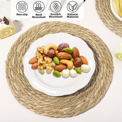 Elcoho 4 Pieces Round Woven Placemats 13.8 Inch Boho Rattan Placemats Farmhouse Braided Place Mats Woven Plate Chargers Rustic Wicker Table Mats for Dining Table