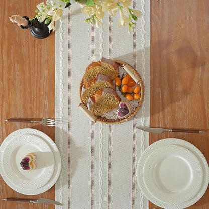 Beige Boho Cotton Linen Table Runner, Farmhouse Woven Table Runners Spring - Image 4