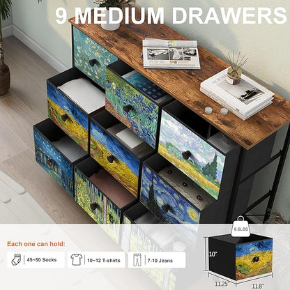 EXOTICA Van Gogh 9 Drawers Dresser Wide TV Stand Colorful Dressers & Chest of Drawers Enterway Furniture for Bedroom Living Room Hallway Closets Steel Frame Wood Top