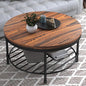 NSdirect 36" Round Coffee Table with Storage Shelf, Dark Grey Brown Vintage Wood Top & Metal Legs - 18.5" Height End Table for Small Spaces (Dark Red Brown)