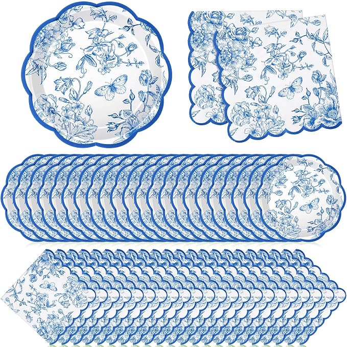 Willinglong 120 Pcs Floral Scalloped Paper Plates and Napkins Set, 2-ply Napkins by Willinglong