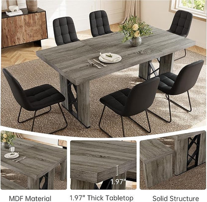 7-Piece Dining Table Set for 6 People, 70.8" MDF Kitchen Table with 6 Upholstered Chairs, Space-Saving for Dining Room, Breakfast Nook(Grey Table+6 U-Shaped Black Chairs)
