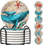 Round Absorbent Ceramic Stone Coasters, Sea Ocean Life Drinks Coasters Sets of 6, Coastal Decor Beach Theme Tropical for House Apartment Kitchen Bar Decor, Wooden Table, Coffee Table(4 Inches)
