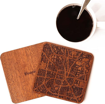 Houston Map Coaster by O3 Design Studio, Set Of 4, Sapele Wooden Coaster With City Map, Handmade