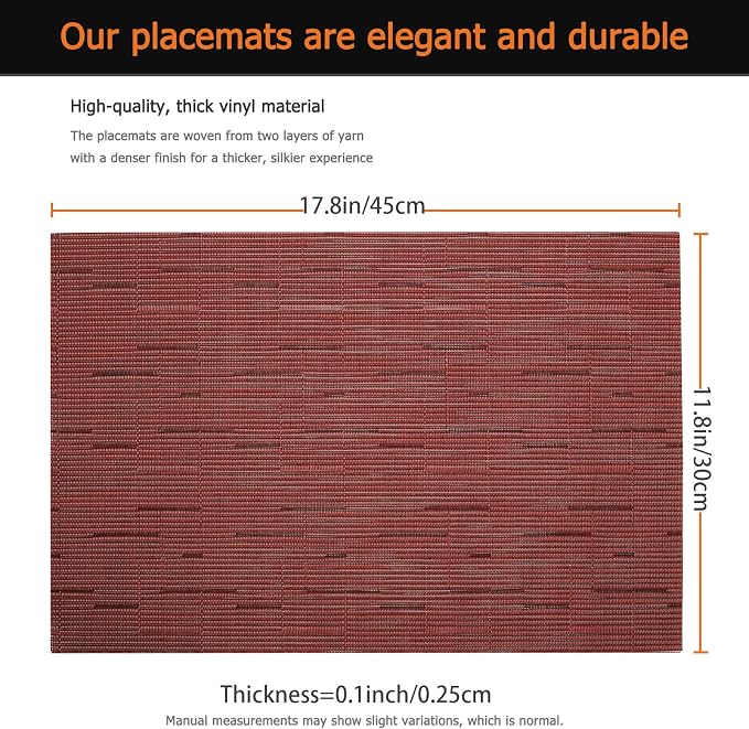 Red Vinyl Placemats Set of 8, Heat Resistant Table Placemats | 18x12 inch place - Image 3