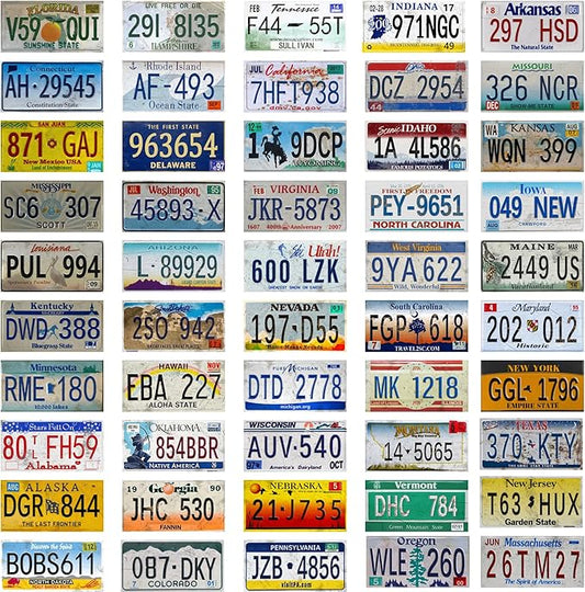 Vintage License Plate Wall Decor Set (Decorative Use Only), 50 US State Metal Signs, 6 x 12 Inch Embossed Retro Plates for Garage Decor, Man Cave Decor