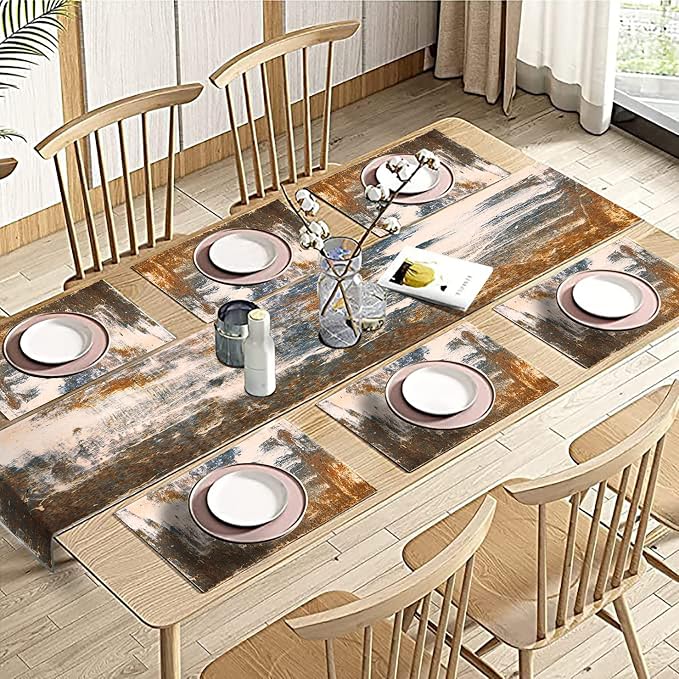 Black Grey Abstract Table Runner and Placemats Set, Linen 108" Long | Retro - Image 3