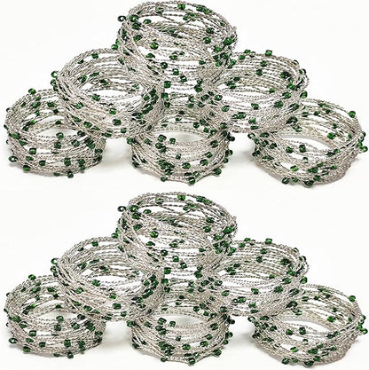 Silver Green Beaded Napkin Ring Set of 12 - Beautiful Fancy Elegant Decorative Napkin Holder for Dinner Table Decoration, Easter, Farmhouse, Wedding, Party, Family Gathering, New Year, Everyday Use