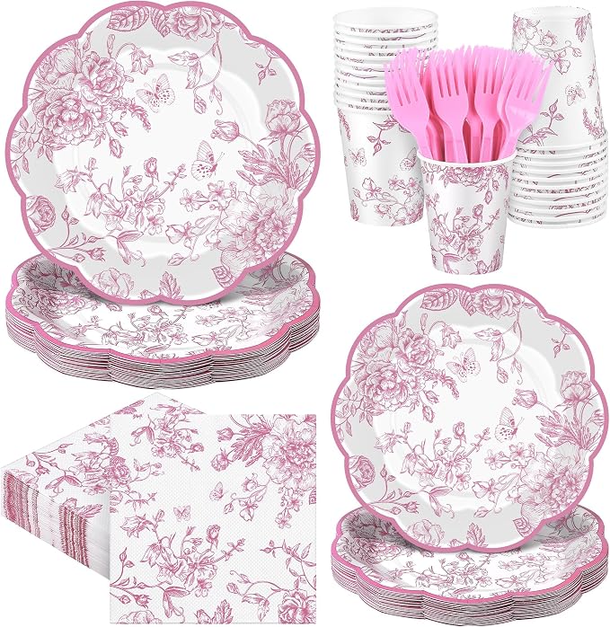 Kochorie 144 Pieces Pink Floral Paper Plates and Napkins Party Supplies by Kochorie