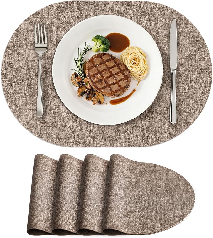 Placemats Set of 4, 11.8 x 17 Inch, Light Brown | Heat Resistant Oval Faux by homing