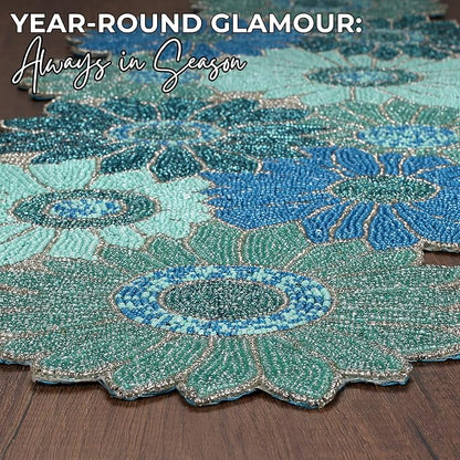 Floral Beaded Table Runner, 13x36 | Glass beads, polyester backing, handcrafted - Image 3