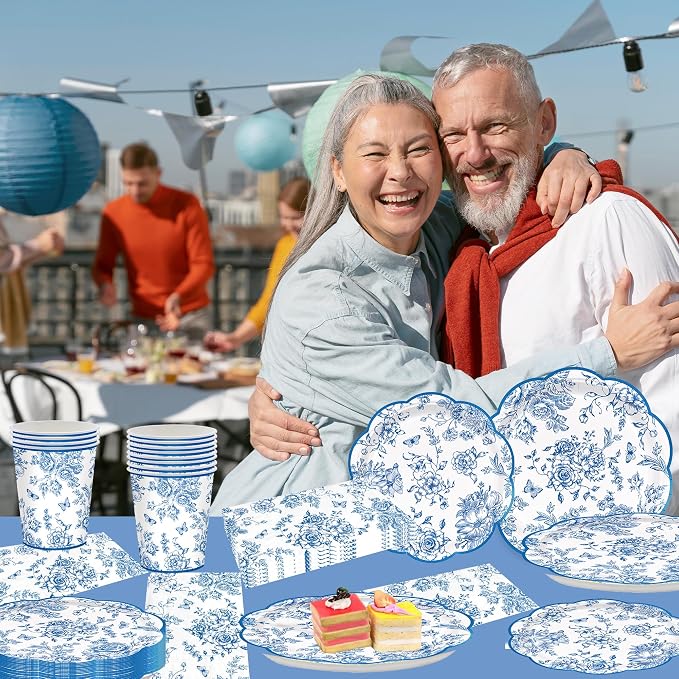 100pcs Blue Floral Paper Plates Napkins Flower Scalloped Tableware | Disposable - Image 6