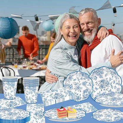 100pcs Blue Floral Paper Plates Napkins Flower Scalloped Tableware | Disposable - Image 6