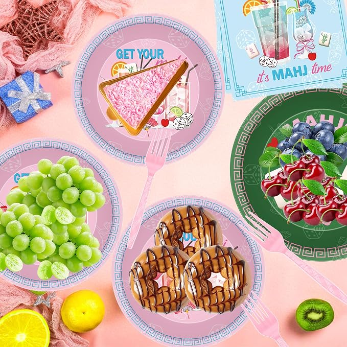 96 Pcs Mahjong Party Decorations, Mah Jong Cocktail Theme Plates Napkins Forks - Image 5