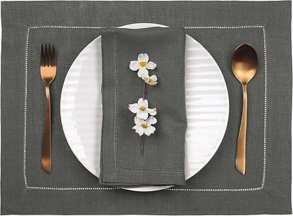 D'Moksha Homes Linen Placemats Set of 4 - Classic Hemstitch Charcoal Grey Placemats 14 x 19 Inch - 100% Pure Linen Table Mats for Spring, Easter - Handcrafted and Machine Washable