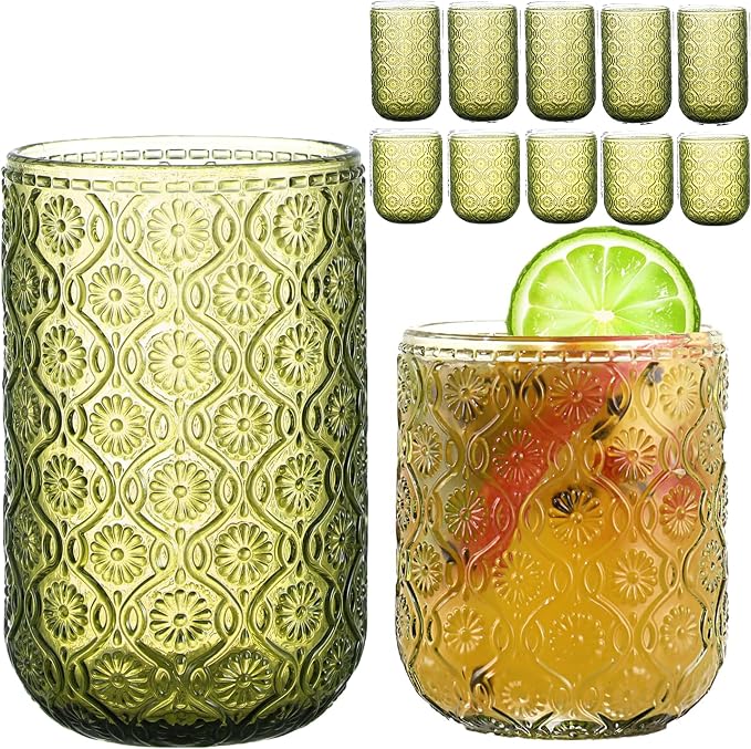 Green Drinking Glasses Set of 12, 12 Oz Highball & 10 Oz Cocktail Glasses by FERAHI
