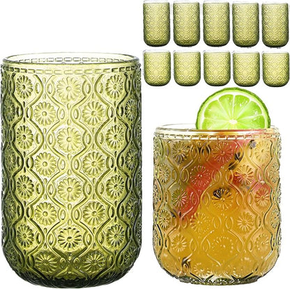 Green Drinking Glasses Set of 12, 12 Oz Highball & 10 Oz Cocktail Glasses by FERAHI