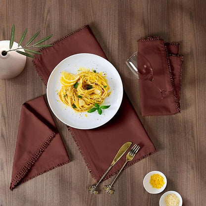 Bedding Craft Cotton Cloth Dinner Napkins Set of 12 – 18x18 Chili Oil with Decorative Lace Selvedge – Reusable Machine Washable Fabric Napkins for Weddings, Baby Showers, Parties & Table Décor