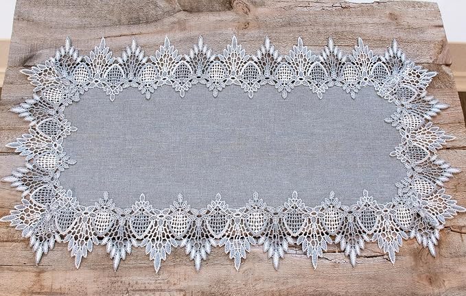 Lace Runner Earth Tone Silver Lace on Silver Fabric Table Runners, Dresser Scarf - Image 3