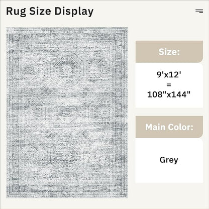 9x12 Area Rugs for Living Room, Non Slip Machine Washable Vintage Rugs, Low Pile Lightweight Large Rug for Bedroom, Dining Room, Home Office Grey