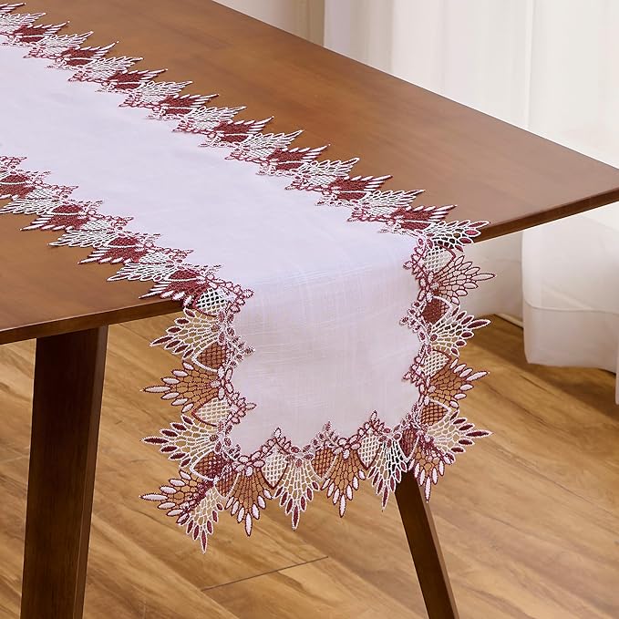 White Dark Red Linen Lace Table Runner 48 inches Dresser Scarf | White Sheer by Raedan