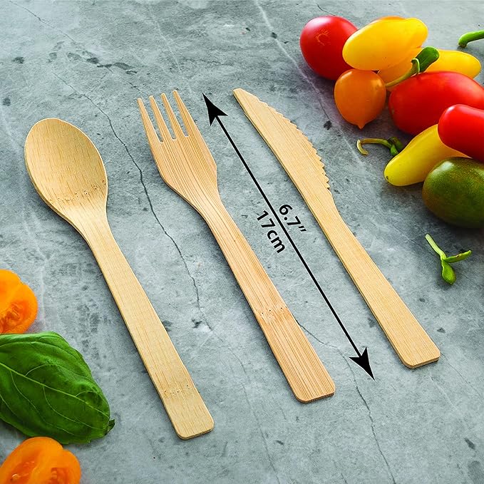 2ZEBRAZ Bamboo Cutlery Set – 100 Disposable Utensils (50 Forks, 25 Knives, 25 Spoons) | Reusable Smooth Flatware, Heavy-Duty Natural Tableware for Parties, Catering & Dining