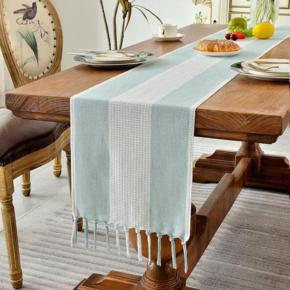 Wracra Linen Table Runner, Stripe Table Runners 60 Inches Long Aque Blue | - Image 7